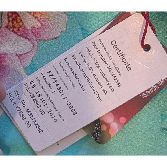 Mish 100% Mulberry Silk Shawl- Blue Scarf with Cherry Blossoms and Birds - Picture 7 of 8